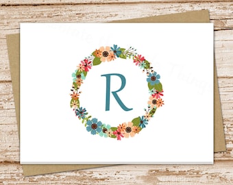 personalized stationery note cards . MONOGRAM WREATH initial notecards . floral flowers . folded stationary . botanical card . set of 10