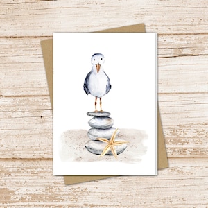 watercolor seagull card set .  seagull note cards . bird, beach, ocean, summer . pebbles starfish blank cards . folded stationery stationary
