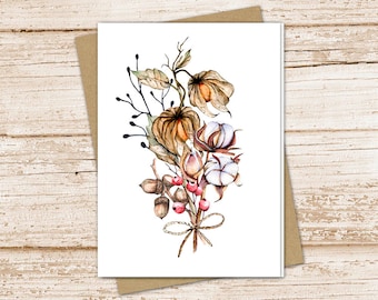 autumn bouquet card set .  watercolor pumpkins cotton acorns berries note cards . fall note cards  . blank cards . folded stationery