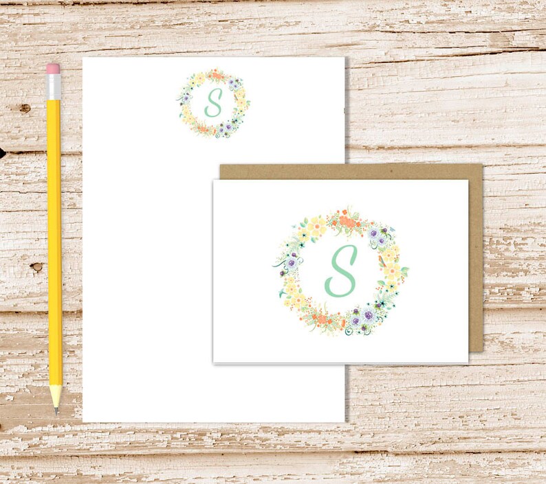 Personalized Stationery Set . Floral Initial Notepad Note Etsy