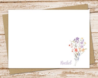 personalized note card set, watercolor wildflowers stationery .  wild flower notecards, FLAT stationary . set of 12