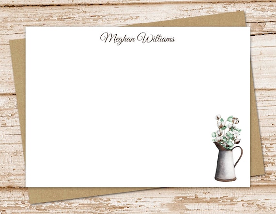 personalized cotton note card set, stationery . eucalyptus cotton, watering can, watercolor notecards . FLAT stationary . set of 12 Il_570xn