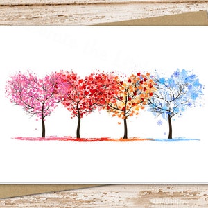all seasons trees blank cards . four seasons, heart trees cards . note cards, . spring summer fall winter. folded stationery stationary
