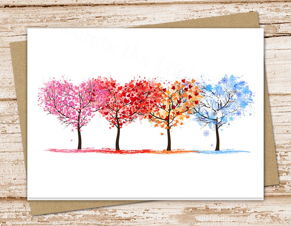 All Seasons Trees Blank Cards . Four Seasons, Heart Trees Cards . Note ...