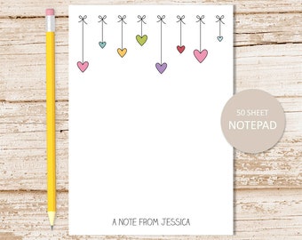 personalized notepad . HEARTS & BOWS notepad . heart border note pad . personalized stationery . girls stationary