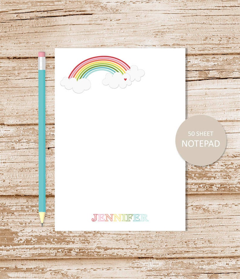Personalized Notepad . RAINBOW Notepad . Rainbow & Clouds Note Pad