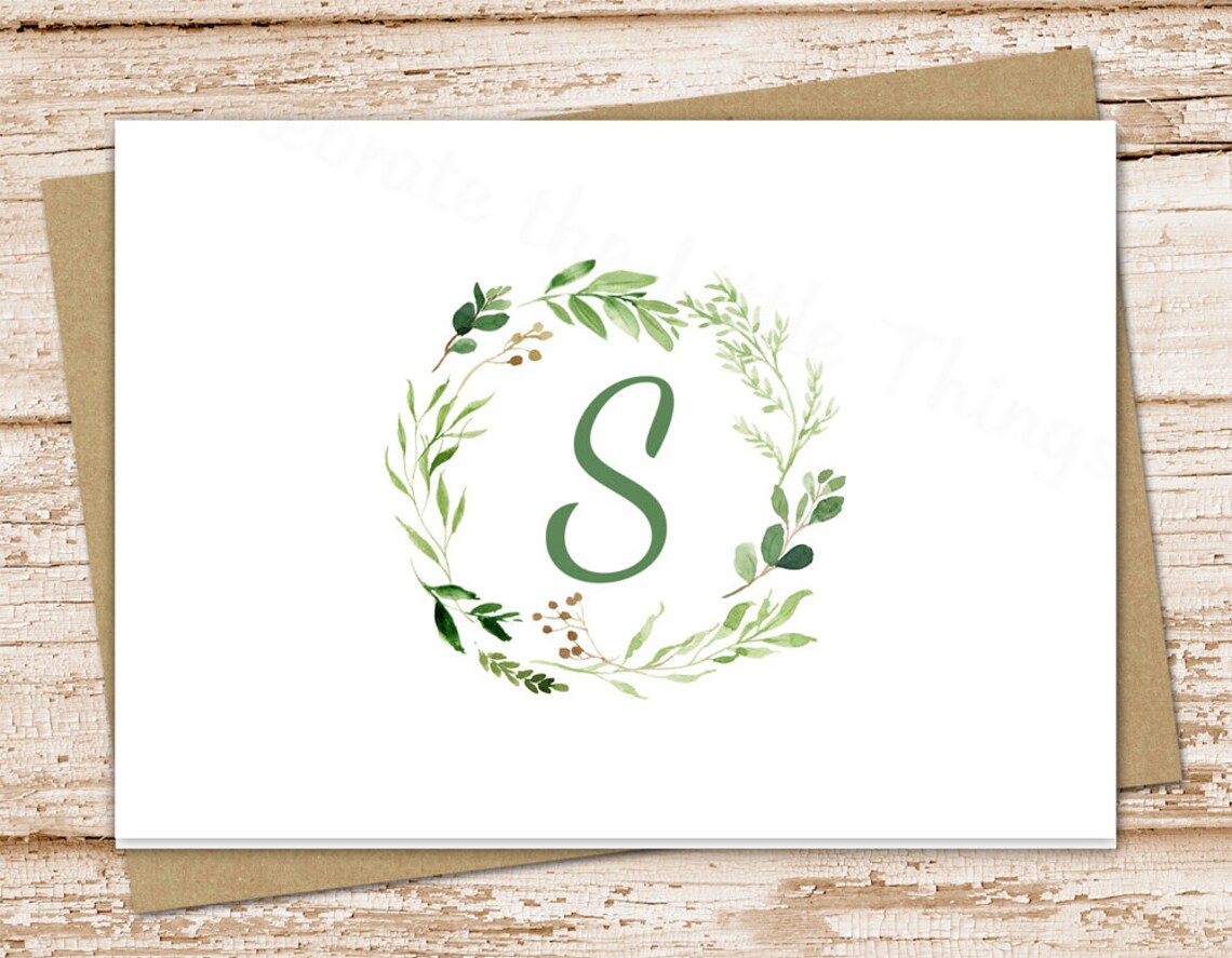 Greenery Wreath Initial Note Cards: Personalized Stationery Set - Etsy