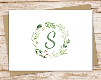 initial note cards . watercolor greenery wreath . monogram notecards . folded personalized stationery . stationary . set of 10
