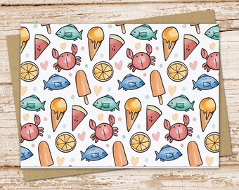 summer fun note cards, beach notecards . blank cards . ice cream, crab, fish, watermelon fruit . folded stationery stationary