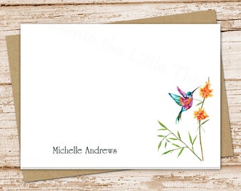 personalized hummingbird note cards, notecards set . watercolor hummingbirds stationery . floral, flowers . folded stationary . set of 10