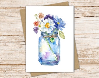 spring flowers card set .  watercolor . blue mason jar . note cards . notecards . daisies floral botanical . blank cards . folded stationery