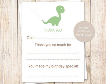 PRINTABLE dinosaur thank you cards . birthday fill in the blank thank you . green dinosuar, prehistoric . INSTANT DOWNLOAD