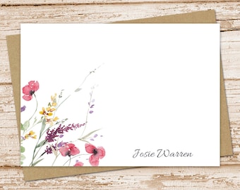 personalized note card set, watercolor wildflowers . wild flowers, botanical stationery . notecards, FLAT stationary . set of 12