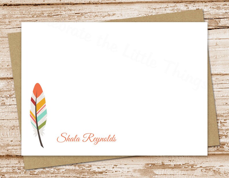 personalized feather note cards . feather notecards . FLAT personalized stationery . stationary . set of 12 image 1