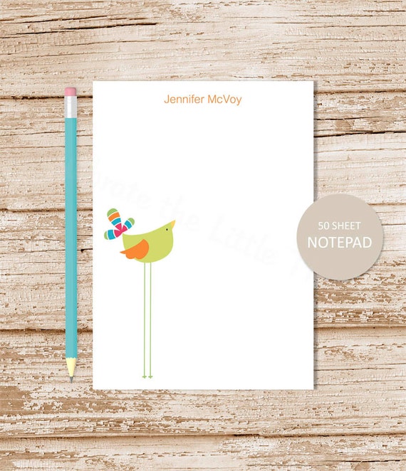 personalized bird notepad . bird note pad . personalized stationery . whimsical bird notepad Il_570xn