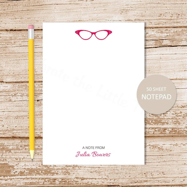 personalized notepad . GLASSES notepad . eyeglasses note pad . personalized stationery . vintage glasses stationary notepad