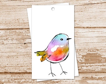 colorful bird gift tags, watercolor bird . cute birdie . bird watcher . spring cardstock tags, favor tags - set of 8