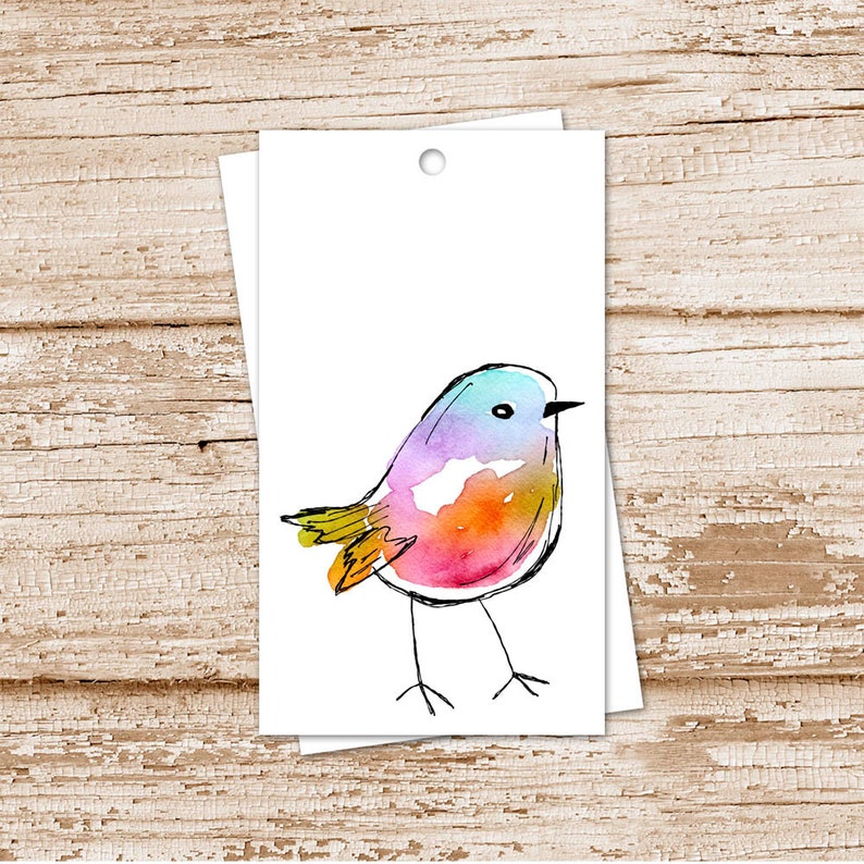 colorful bird gift tags, watercolor bird . cute birdie . bird watcher . spring cardstock tags, favor tags set of 8 image 1