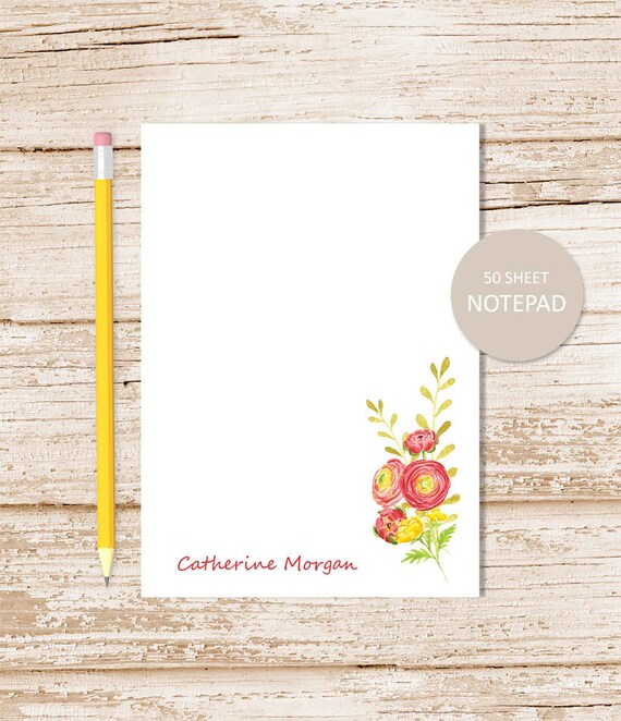 personalized floral notepad . RED YELLOW FLOWERS . note pad . womens stationery . botanical stationary . to do list . watercolor Il_570xn