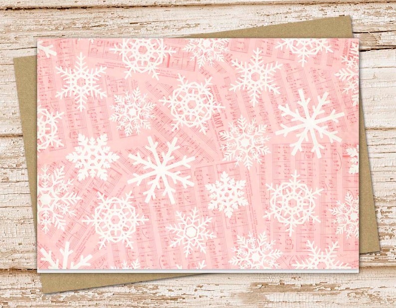 snowflake card set . pink snowflakes note cards notecards . music lyrics . winter, snow . blank cards . folded stationery . stationary image 1