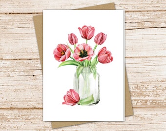 watercolor tulips card set . red tulip flowers . mason jar vase . note cards .  farmhouse . blank cards notecards . folded stationery set