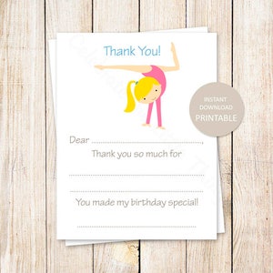 Danksagungskarten - Gymnastik zum Ausdrucken füllen Sie die Angaben zum Geburtstag aus danke . Mädchen, Turnerin, taumeln. blond SOFORTIGER DOWNLOAD