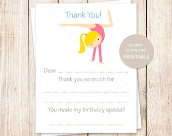 PRINTABLE gymnastics thank you cards . fill in the blank birthday thank you . girl gymnast tumbling. blonde . INSTANT DOWNLOAD