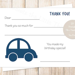 DRUCKBARE Auto Dankeskarten . die Lücke auszufüllen. Geburtstag vielen Dank. blaues Auto Transport. Sofortiger Download DU DRUCKST