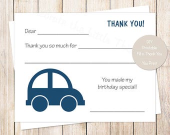 PRINTABLE car thank you cards . fill in the blank . birthday thank you . blue car . transportation . Instant Download YOU PRINT