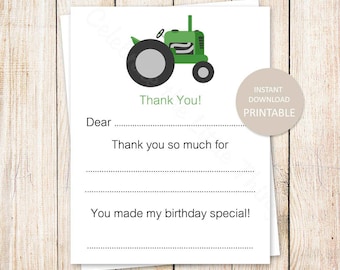 PRINTABLE tractor thank you cards . birthday fill in the blank thank you . green tractor, farm . INSTANT DOWNLOAD