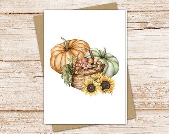 pumpkin basket card set . watercolor . autumn fall . sunflowers mushrooms toadstools . blank note cards, notecards . folded stationery