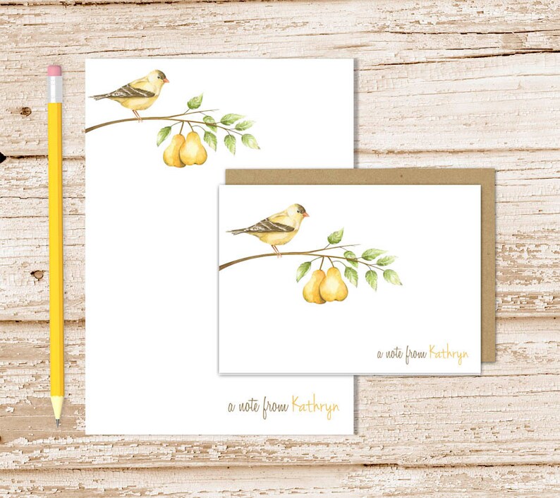 pear tree personalized stationery set . autumn notepad note card set . notecards note pad . watercolor nature, birds stationary gift set image 1