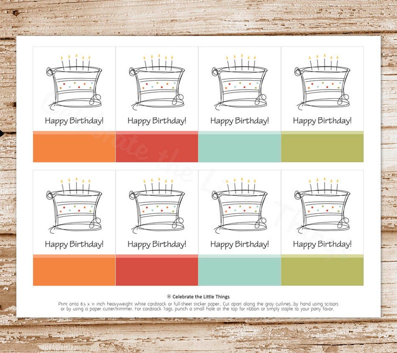 PRINTABLE happy birthday gift tags, stickers, labels, favor tags birthday cake multiple colors INSTANT DOWNLOAD You Print image 2