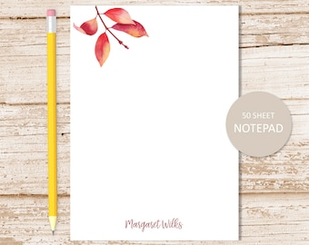 autumn red leaves notepad note pad . watercolor fall leaves . personalized stationery . stationary gift