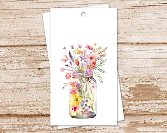 watercolor wildflowers gift tags, colorful flowers, mason jar . cardstock tags, favor tags - set of 8