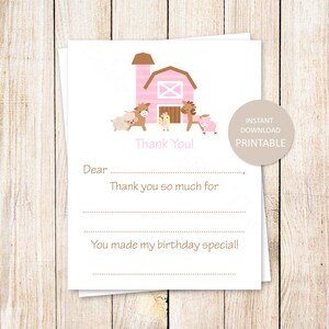Danksagung zum Ausdrucken Mädchen Geburtstag füllen Sie die Lücke aus danke. rosa Pony, Bauernhof, Kuh, Tiere. Sofortiger Download DU DRUCKST