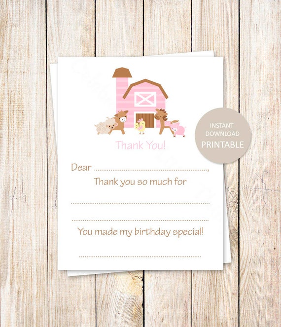PRINTABLE farm thank you cards . girls birthday fill in the blank thank you . pink pony, farm, cow, animals . Instant Download YOU PRINT Il_570xn