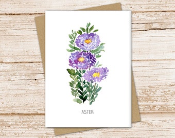 aster card set .  watercolor flower . purple aster . september birth month floral note cards botanical garden blank cards, folded stationery