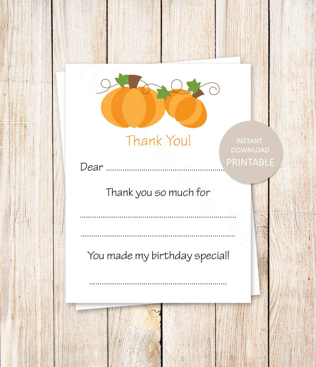 PRINTABLE Pumpkin Thank You Cards . Kids Birthday Fill in Blank . Fall ...