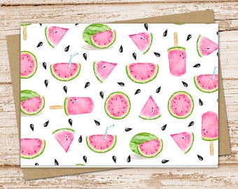 watermelon card set . watercolor watermelon . summer fruit slices popsicles . note cards, notecards . folded blank cards . stationery