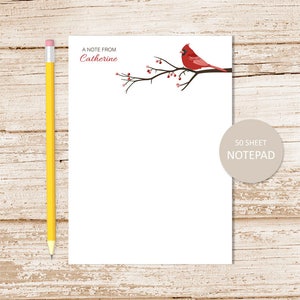 personalized notepad . CARDINAL . bird note pad . berries, tree branch, nature personalized stationery . stationary gift