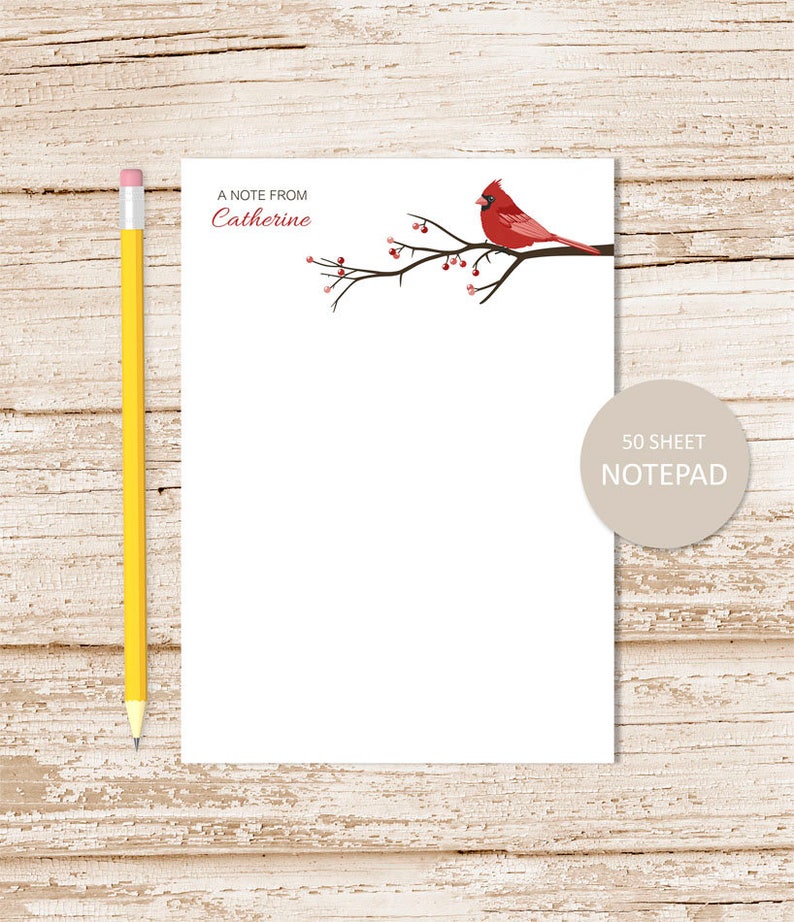 personalized notepad . CARDINAL . bird note pad . berries, tree branch, nature personalized stationery . stationary gift image 1