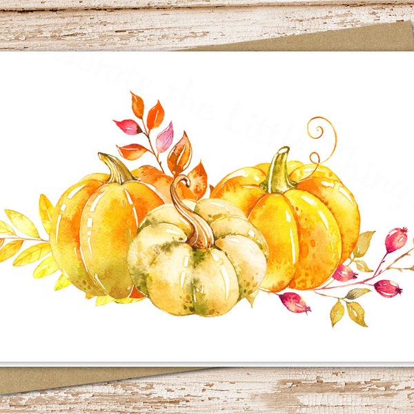 pumpkins card set . watercolor pumpkin leaves berries . note cards notecards .  autumn fall . blank cards . folded stationery set