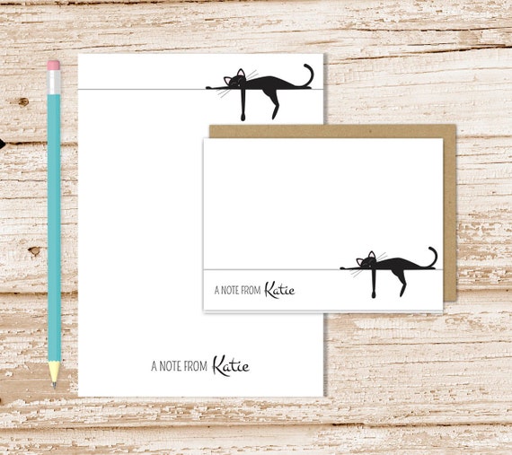 personalized black cat stationery set . cat notepad + note card set