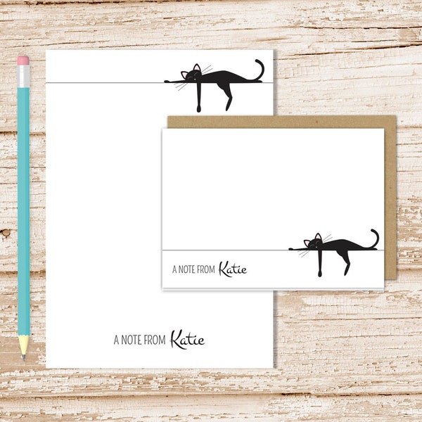 personalized black cat stationery set . cat notepad + note card set . notecards note pad . sleeping cat stationary set . cat lover gift set