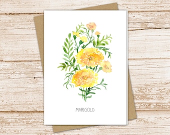 marigold card set .  watercolor flowers . october birth month . floral note cards . nature garden . blank cards, folded stationery