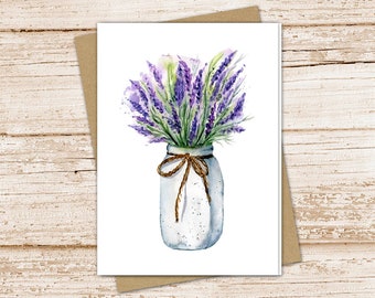 lavender flowers card set . mason jar vase .  watercolor farmhouse country note cards . floral blank cards . folded stationery