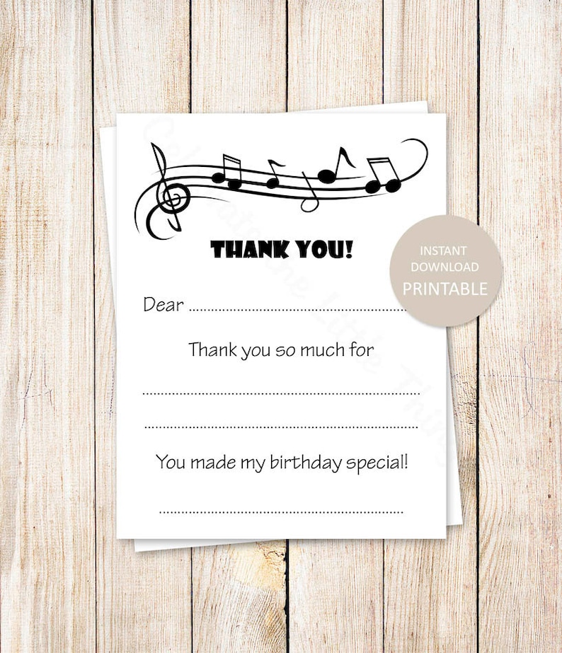 PRINTABLE music thank you cards . fill in the blank birthday thank you . music notes, musical . INSTANT DOWNLOAD image 1