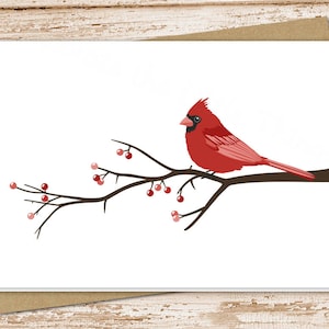 May include: A red cardinal bird perched on a branch with small red berries. The bird is facing left and has a black eye. The branch is brown and has small red berries.