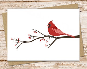 cardinal card set . bird tree branch . berries . folded stationery . blank cards . winter nature outdoors